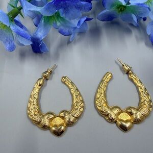 Gold Plated Love Bird Vintage Heart Hoop Earrings